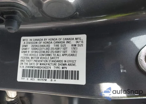 2016 Honda Cr-V Se z USA, uszkodzony, nr VIN 2HKRM3H48GH540374